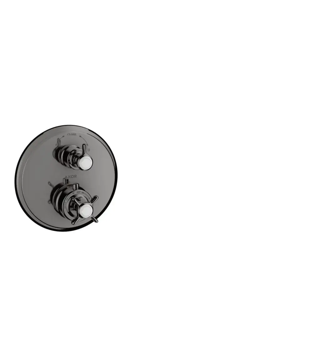 Thermostat-Unterputz mit Kreuzgriff und Ab-Umstellventil in Polished Black Chrome, hergestellt von AXOR, zur Steuerung von Wasserfluss und Temperatur.